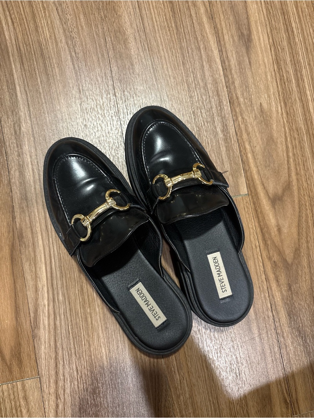 Steve Madden Black Leather Mule Loafers with Gold Hardware
